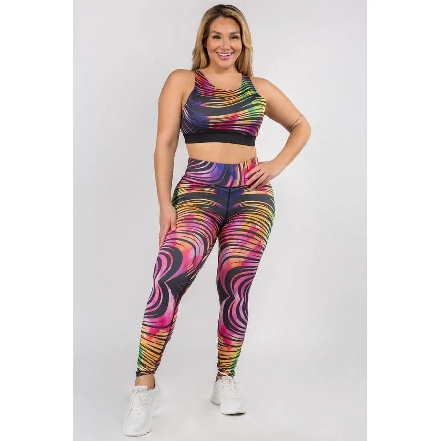 Active Sports Crop Top and Leggings with Compression - Rainbow Swirl