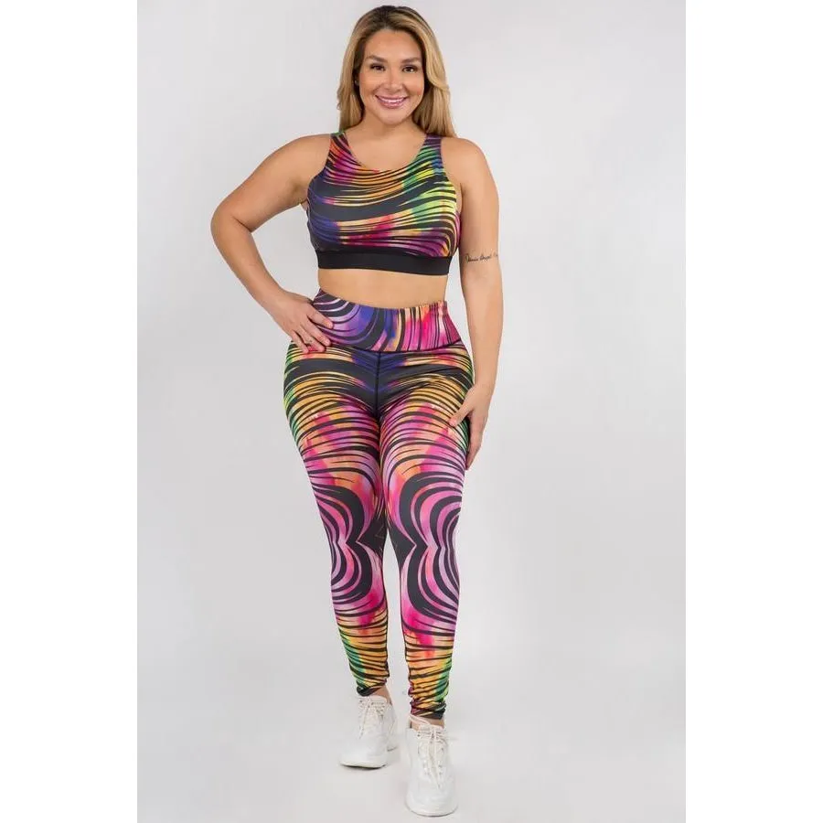 Active Sports Crop Top and Leggings with Compression - Rainbow Swirl