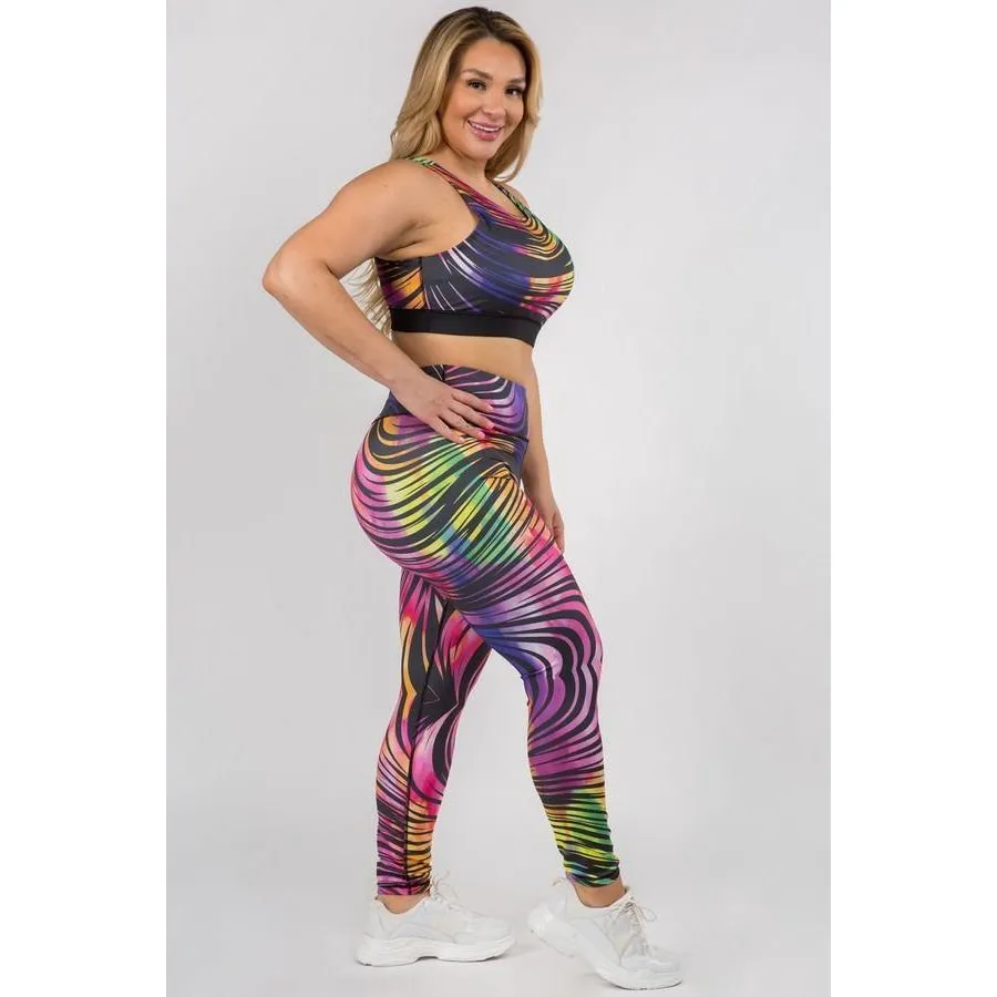 Active Sports Crop Top and Leggings with Compression - Rainbow Swirl