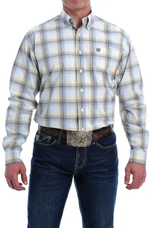 Cinch Mens Light Blue, Gold and Grey Ombre Plaid L/S Shirt