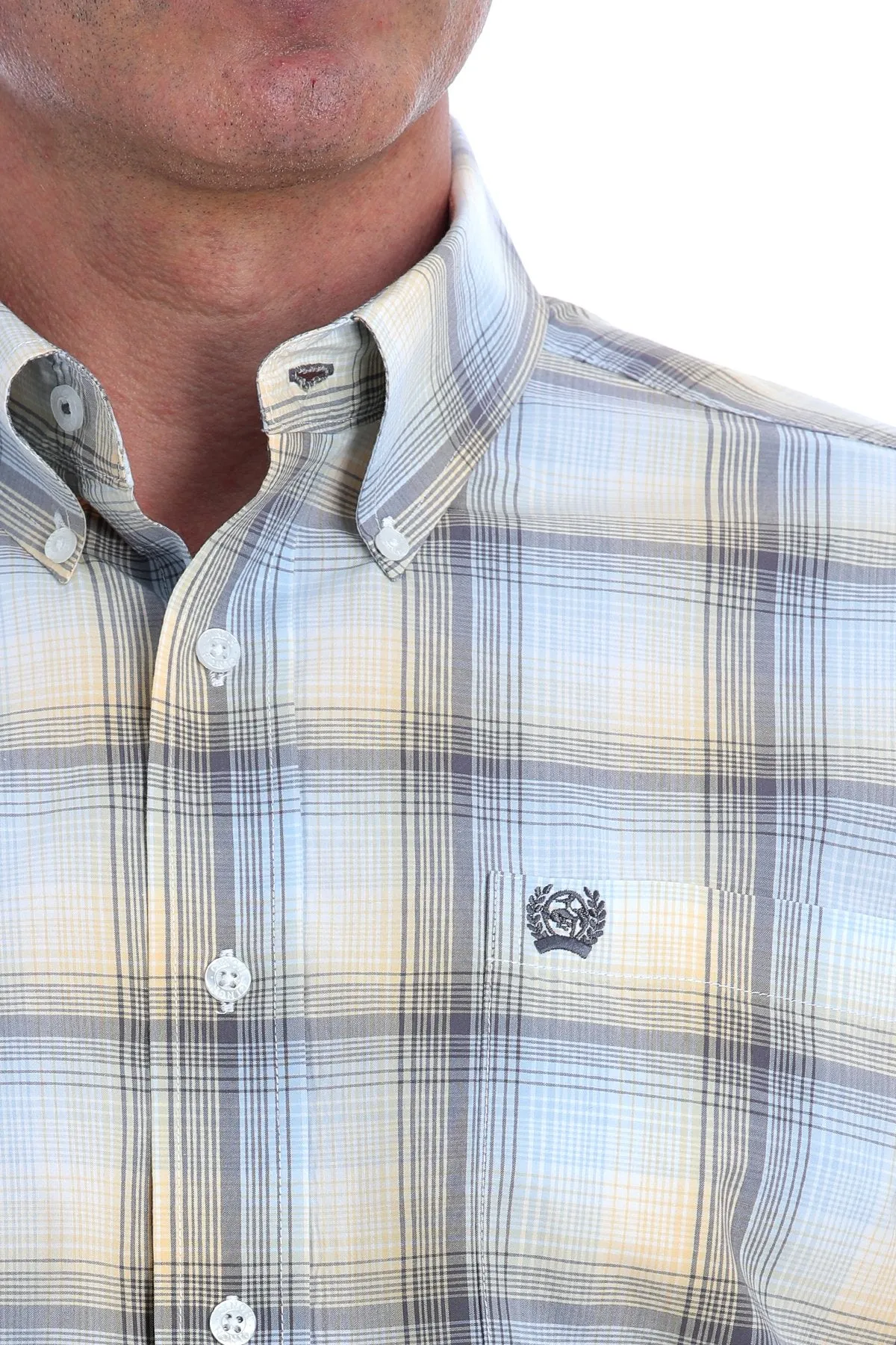 Cinch Mens Light Blue, Gold and Grey Ombre Plaid L/S Shirt